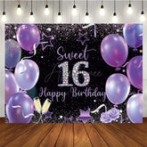 Aperturee - Aperturee Elegant Purple Balloon Sweet 16 Happy Birthday Backdrop
